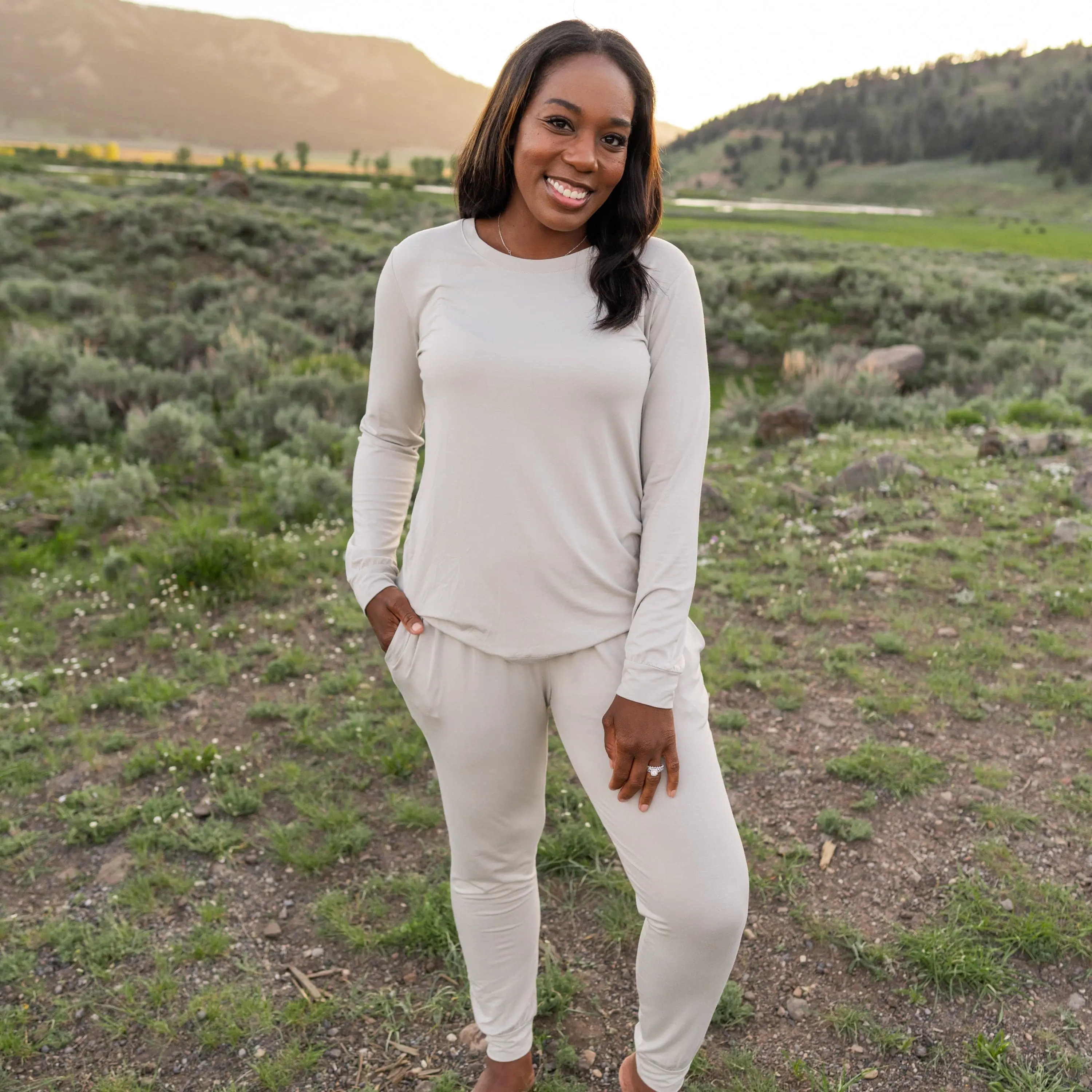Women's Essential Jogger Pajama Set in Oat, 2-Piece Buttery Soft Bamboo Rayon Spandex Blend, Matching Loungewear, Sweatshirt, Nightwear, Basic, Fabric
