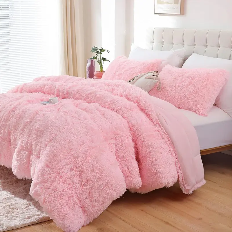 Smoofy 3-Piece Plush Faux Fur Pink Comforter Set - Queen Size Fluffy, Double-Sided Shaggy Velvet Bedding with Comforter & 2 Pillowcases