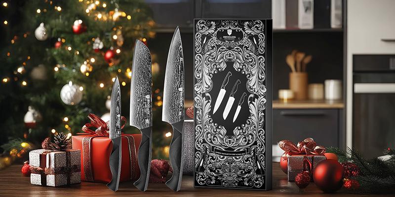 BRODARK 3 PCS Damascus Knife Set - Sharp Professional Kitchen Knife Set, Chef Knife Set with Ergonomic Full-Tang ABS Handle for Home, Restaurant (Dark Horse Series) Outdoorfun Meatcleaverset Cooking