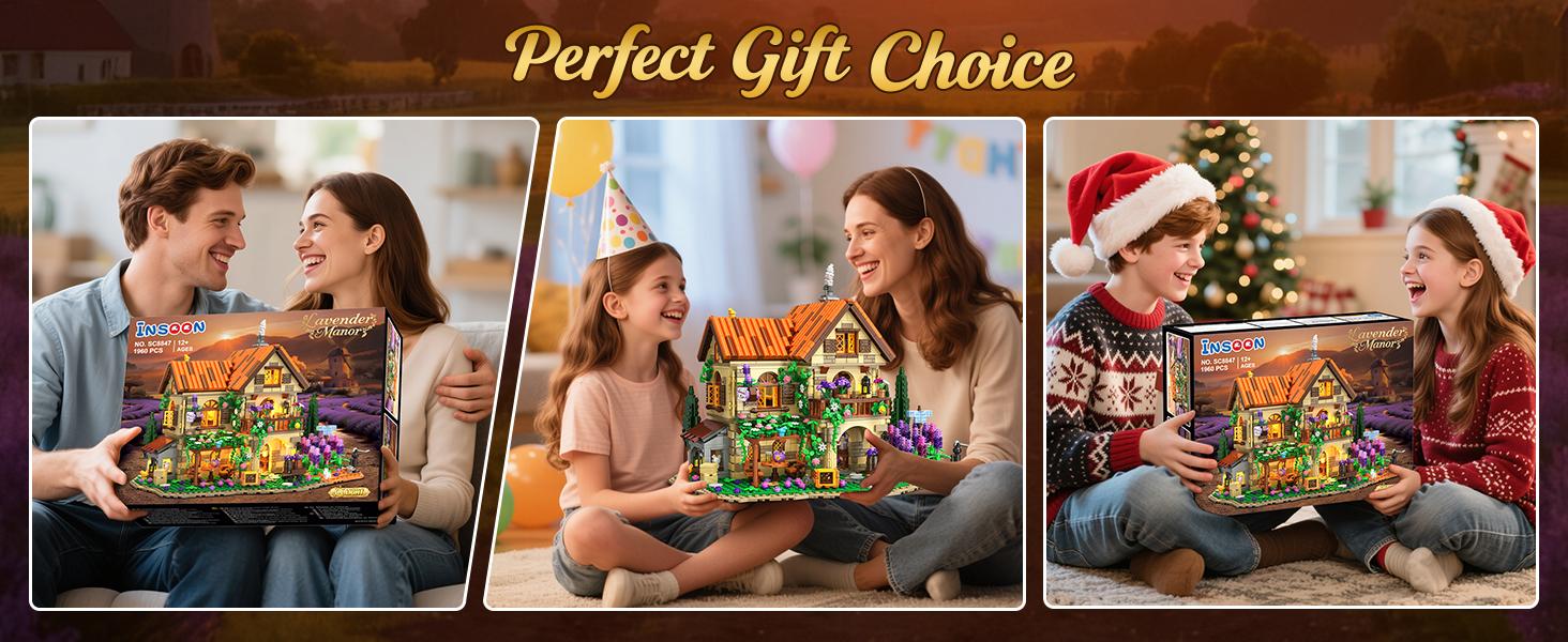 INSOON Lavender Manor House Building Set with Lights, 1960 PCS Lavender Estate Construction Model Home Decor, Romantic Lavender Flowers Cottage Building Block Kit Gift for Adults Teens Boys Girls 12+