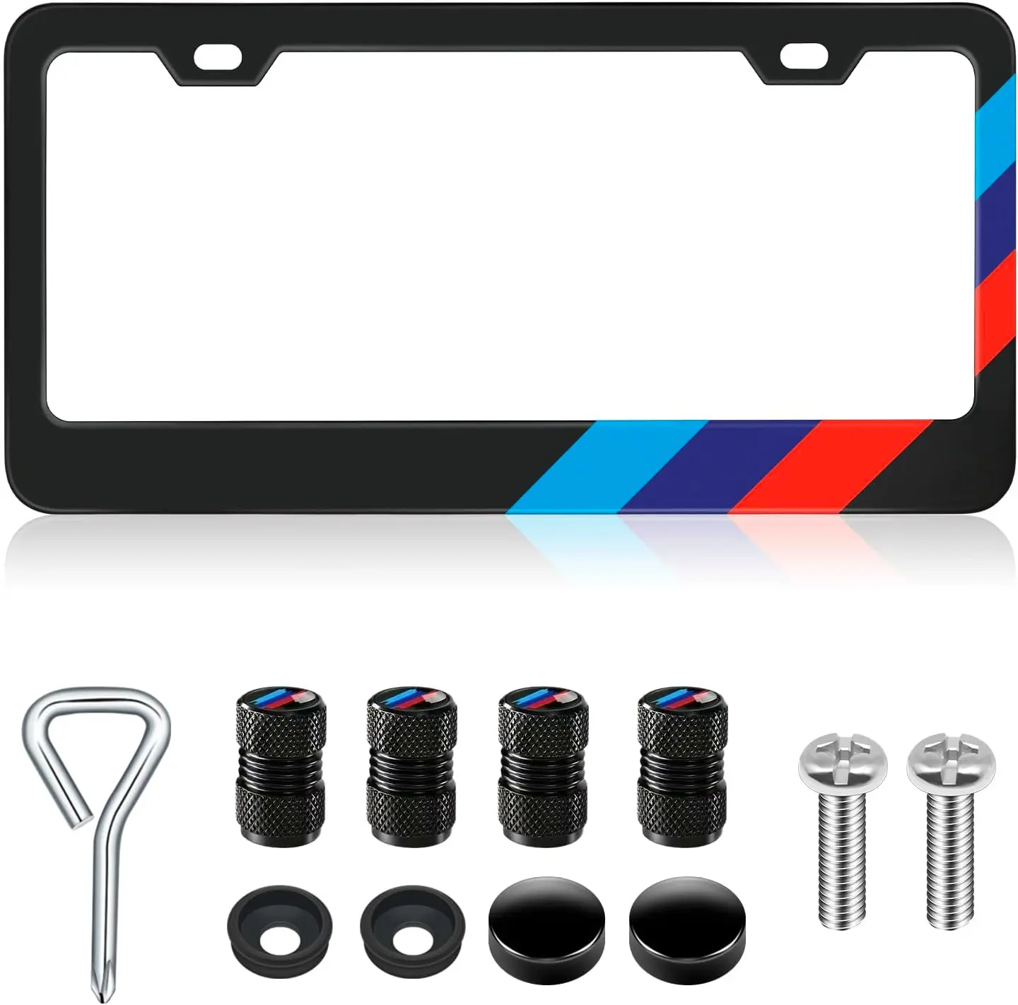 Matte Black Powder Coated Rust-Preventing Aluminum License Plate Frame Set for BMW, Universal Car Exterior Accessory, Front/Rear Tag Fitment, Includes 1 Mounting Hardware Kit, 2 Frames, 2 Screw Caps, 4 Car Tire Valve Stem Caps, Prevents Rust