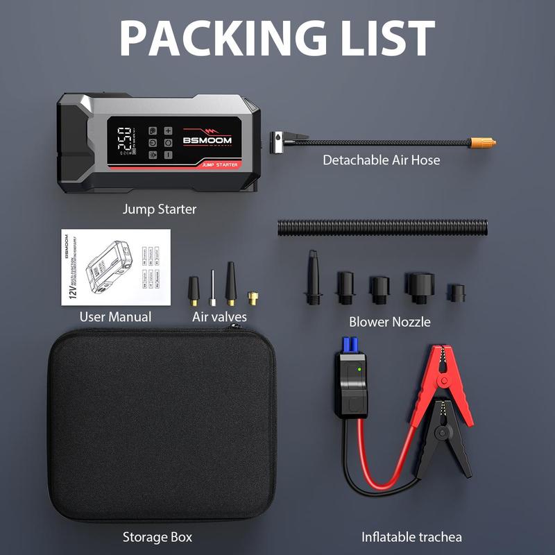 BSMOOM 8000A Portable Car Jump Starter with 150PSI Air Compressor & Blower All-in-One Fast Charging Laptop Power Bank for Petrol Diesel Engines 10L Repair Tool Kit