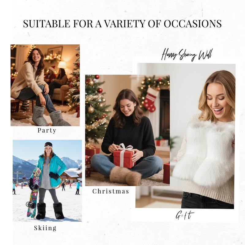 OOW Women's Fluffy Faux Fur Boots Y2K Fashion Design Non-Slip Warm Round Toe Suede Mid-Calf Boots for Outdoor Indoor Walking Shoes Brown Black Pink White