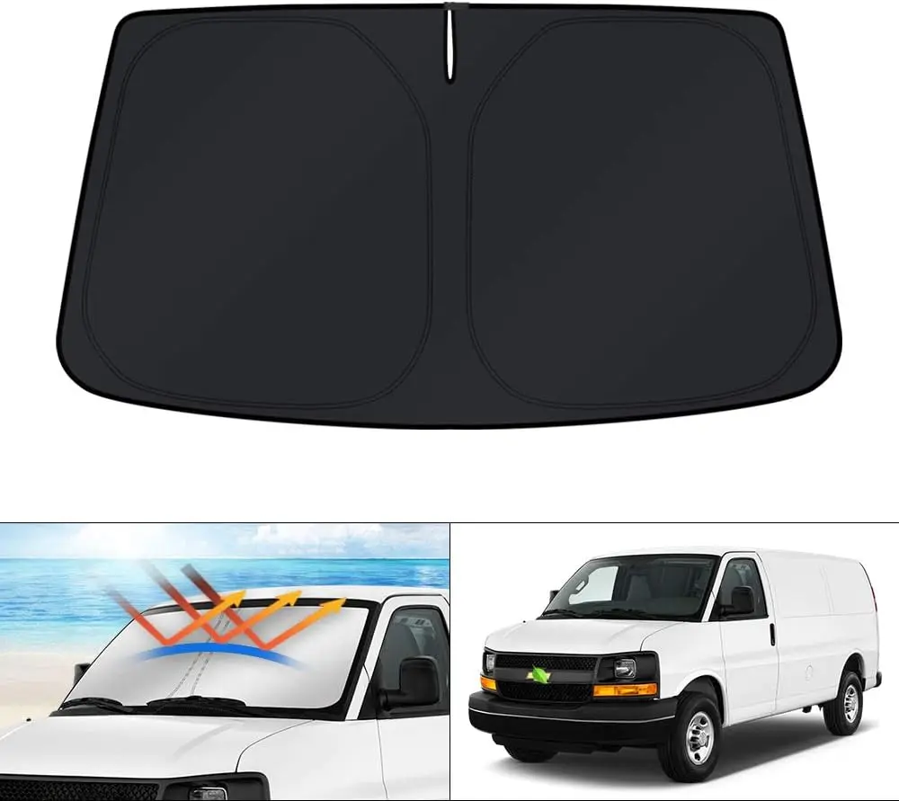 Canvcle Custom Fit Reflective UV Blocking Windscreen Shade Cover for 1996-2026 Chevrolet Express 1500-4500 & GMC Savana, Double Layer Full Front Cover, Foldable Car Exterior Accessory with Heat Insulation & Elastic Wire, Blocks 99% UV Rays