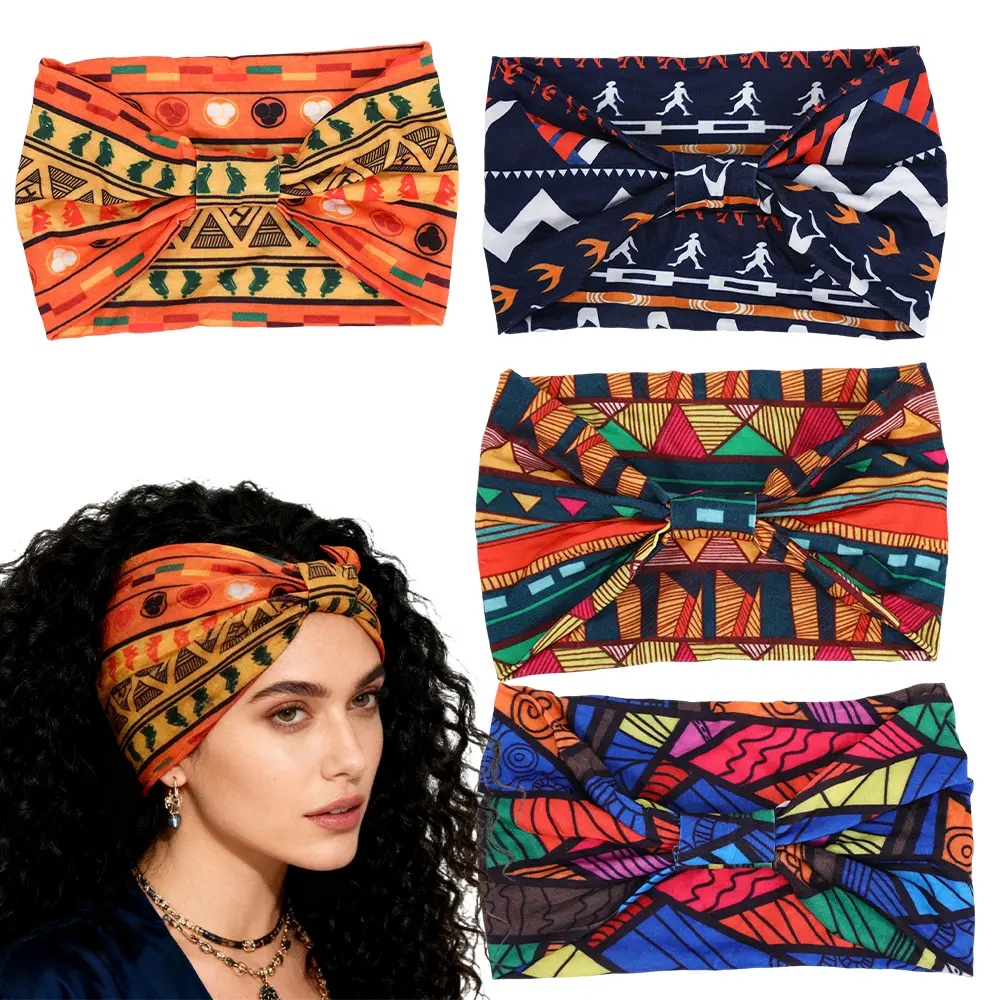 4PCS African Headbands Knotted for Women Wide Headbands Non Slip Yoga Stretchy Turban Hair Scarfs Workout Printed Headwrap Hair Accessories for Women and Girls