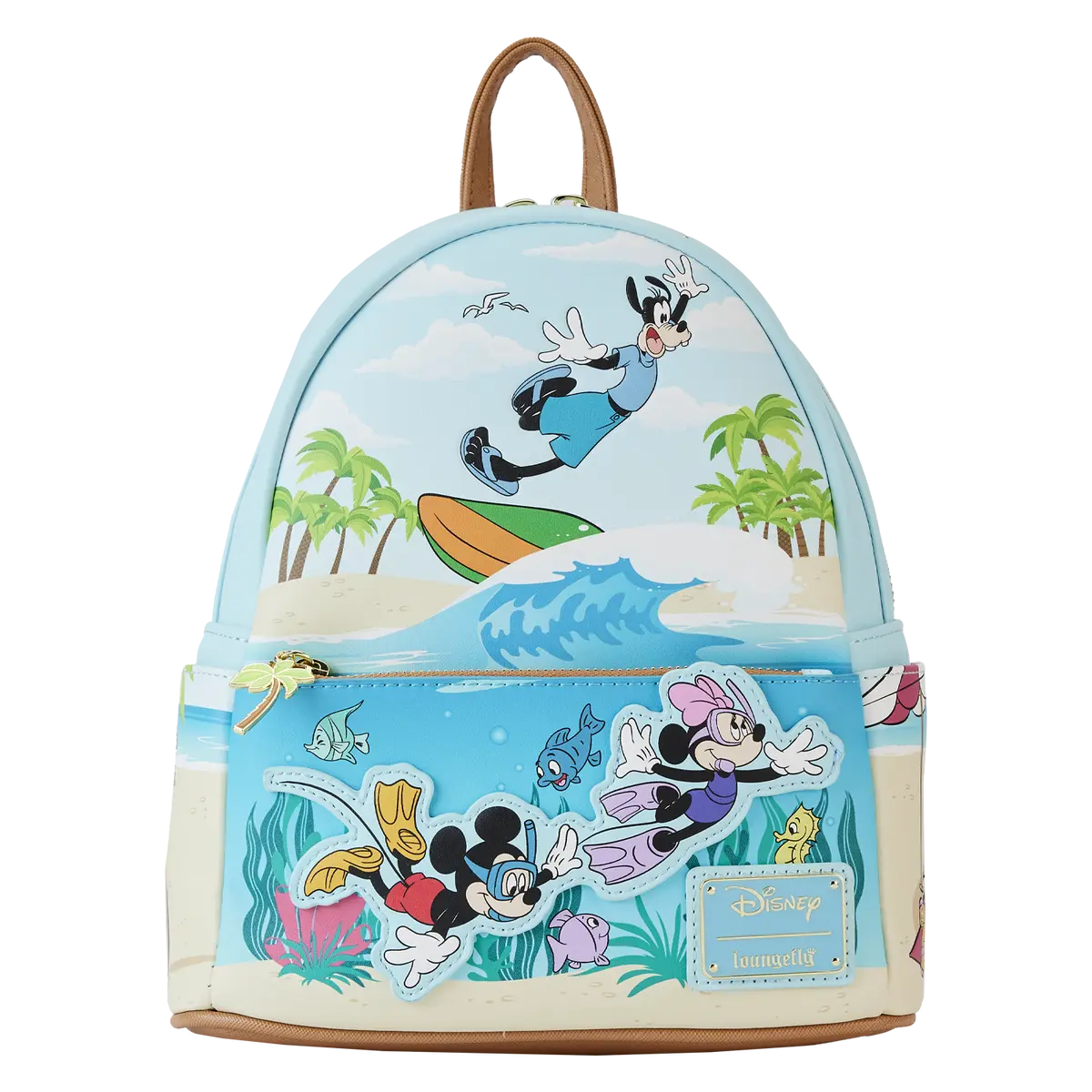 Loungefly Disney Mickey & Friends Beach Day Mini Backpack, Cute Faux Leather Stylish Daypack with Palm Tree Charm, Casual Printed Backpack, Stylish Daypacks, Cute Backpacks