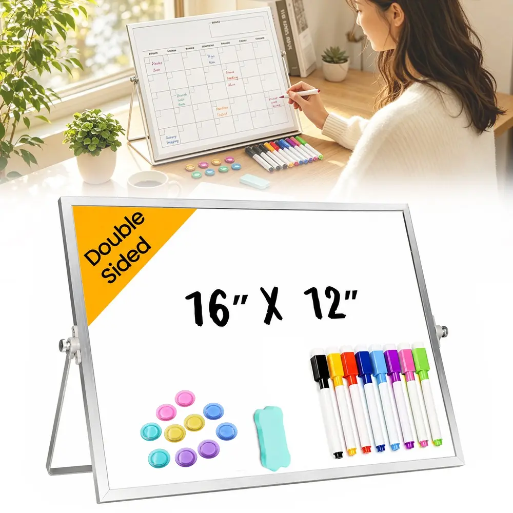 16x12 in Double-Sided Magnetic Desktop Whiteboard with Stand - Lightweight & Portable, Smooth Easy-to-Clean Surface, Standing-Hang Design, Includes 1 Eraser, 10 Erasable Pens, 10 Magnets, Ideal Planning Tool for Home, Office, Magnetic Whiteboard