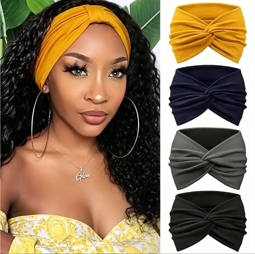 Women's 4-Pack Polyester Knotted Turban Headbands - Vintage Wide Wrap, Soft Elasticity Hair Accessories for Yoga/Running, Party Match, Casual/Outdoor