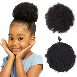 Afro Puff Human Hair Drawstring Ponytail for Black Women,Kids ,Girls,4 Inch Curly with 3 Clibs 100% Remy Human Hair Extensions Breathable Smooth Easy to Wear