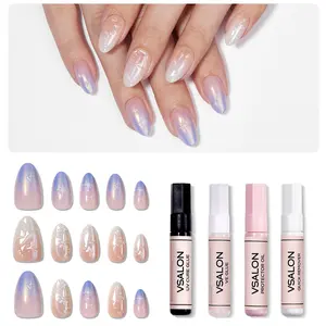 VSALON Press On Nail Set UV & Nourishment 42 PCS with Buffer Protector Remover for Quick Stylish Long Glitter Nude French Press-On Nails