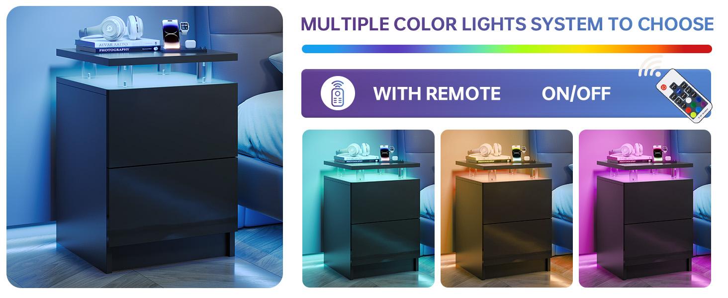 oneinmil Nightstand Set of 2 with LED Lights, 15IN Black Bedside Table, 2 Storage Drawers, Compact Design for Bedroom, Modern Finish