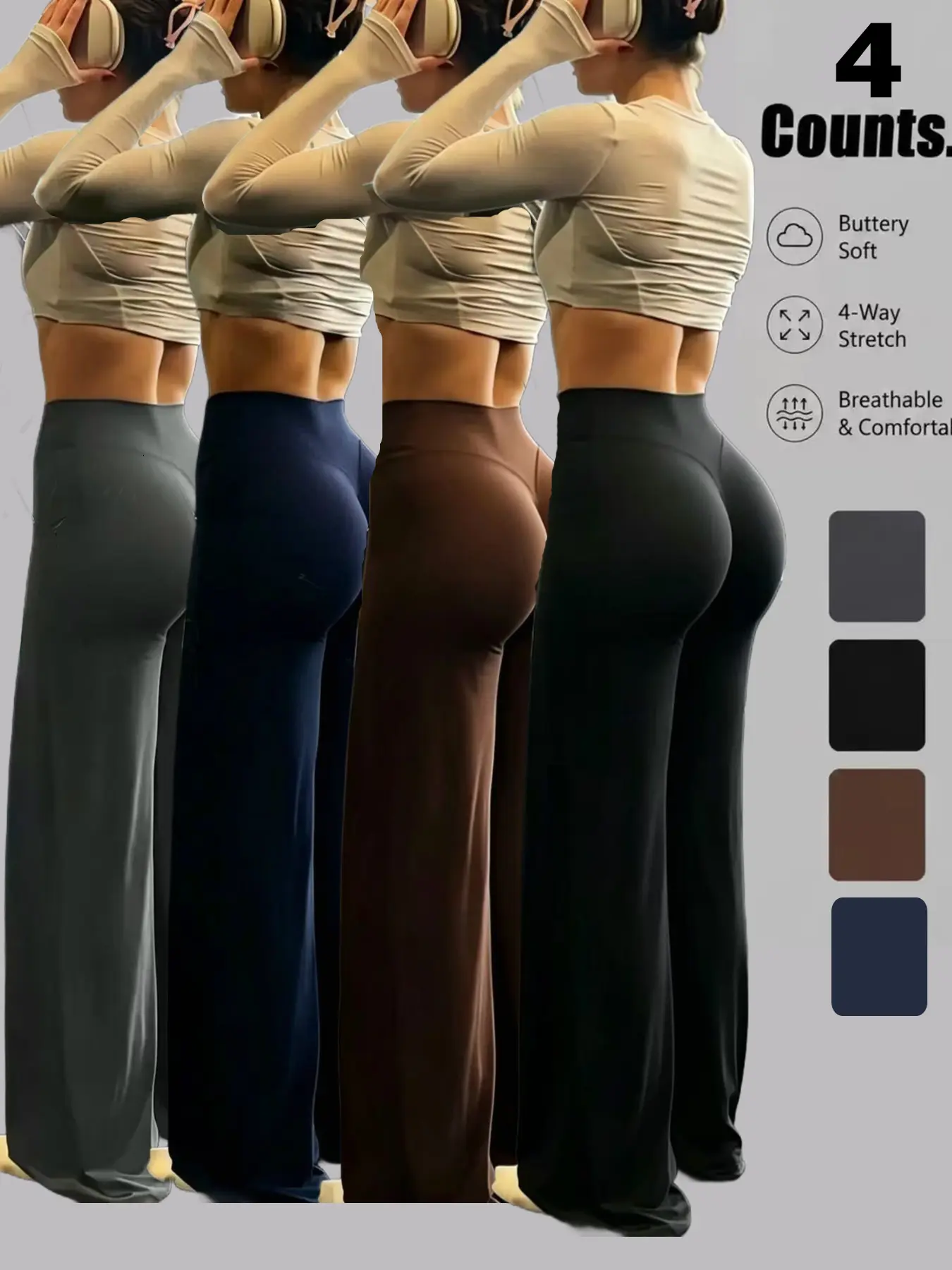 Women's 4-Pack High-Waisted Wide-Leg Lady Yoga Pants - Basic Minimalist Comfy Pants, Stretchy Blended Fabric Spring/Autumn Sports Bottoms, Suitable for Yoga, Gym Stuff