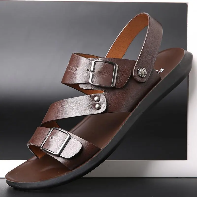 Men's Dual-Buckle Casual Sandals, Soft Cushioned Non-Slip Leather-Style Footwear for Outdoor Beach Wear, Comfortable Walking Shoes for Beach, Footwear For Beach