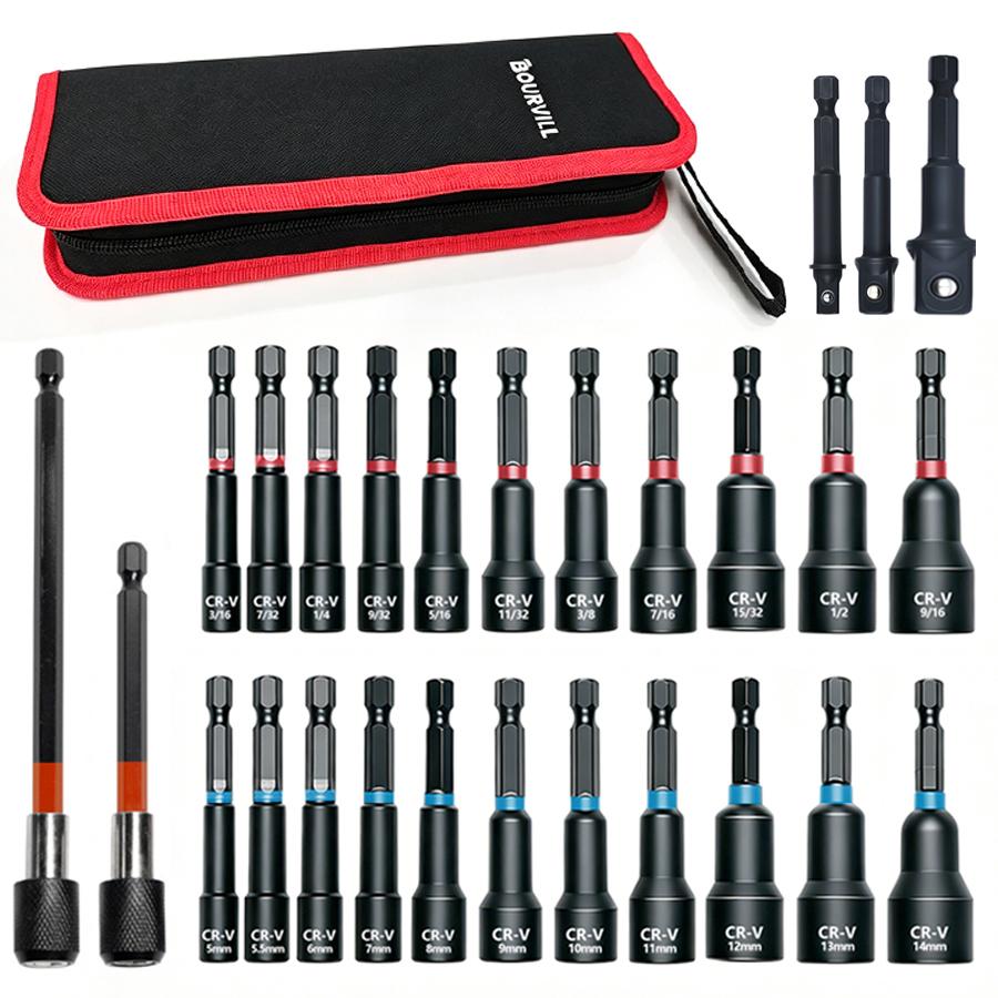 20Pcs & 29Pcs Magnetic Nut Driver Bit Set, 1/4 Inch Hex Shank, Metric & SAE Dual Sizes, CR-V Steel Impact Socket Bits Kit with Extension Bar & Canvas Storage Carry Bag
