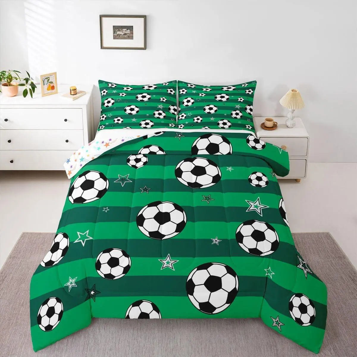 Green Football Comforter Set All Season Rugby Sports Bedding Set Soccer Ball Game Microfiber Bedclothes Bedroom Decor Duvet Quilt Breathable Soft Lightweight