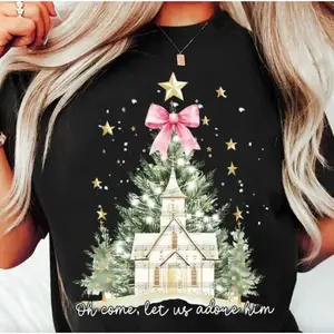 Oh Come Let Us Adore Him Sweatshirt, Watercolor Christmas Tree Girly, Jesus Christmas Coquette Bow Tree Shirt, Christmas Lights Shirt, Christian Gifts
