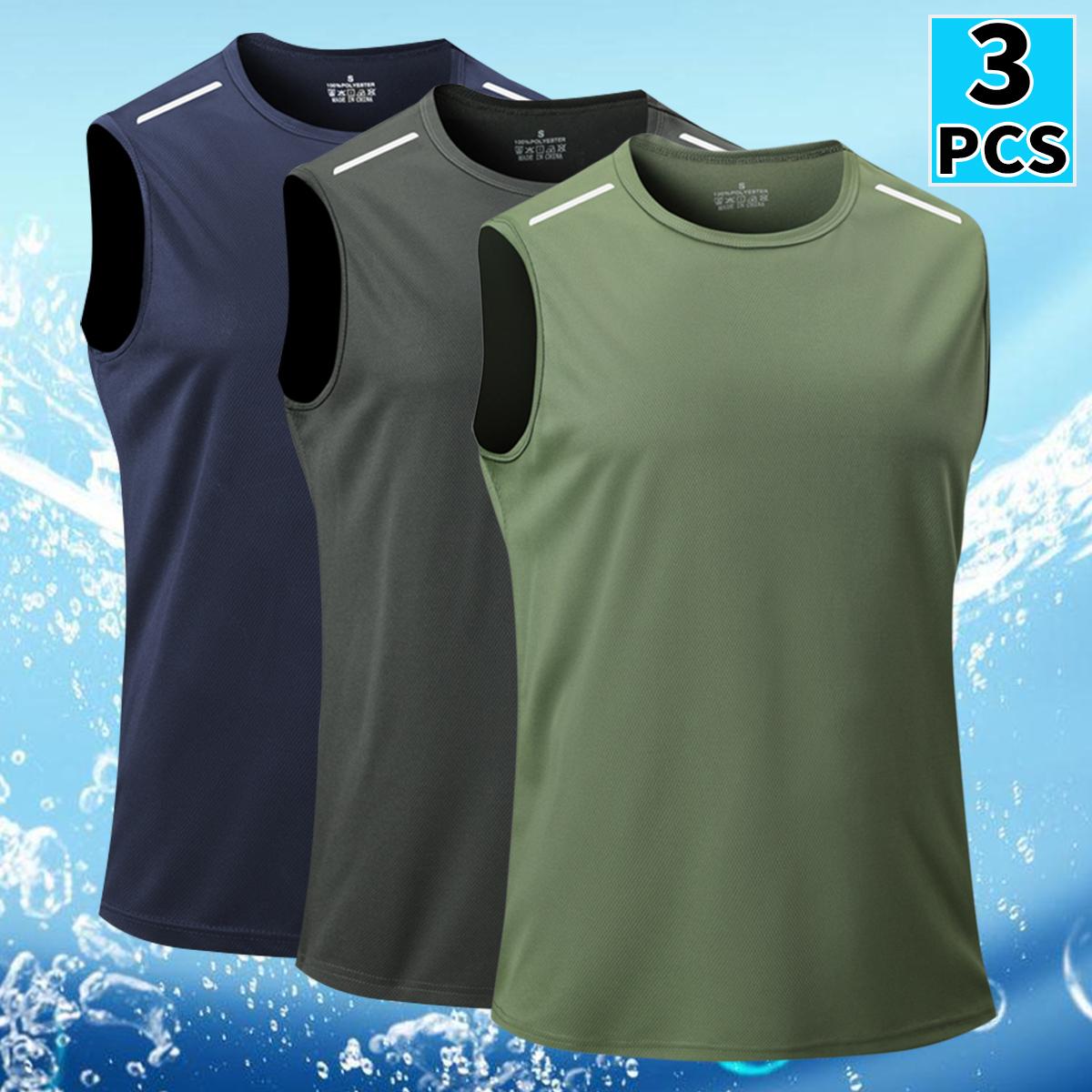Men's 3-Pack Tank Top - Breathable, Quick-Dry Sleeveless Shirt, Suitable for Summer Gym, Running, and Training, Crew Neck, Polyester Fiber, Black/White/Navy Blue, Athletic Wear