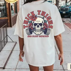 Funny Gym Girl T-Shirt Thick Thighs And Sleep Deprived, Skull Barbell Workout Tee, Fitness Humor Shirt, Weightlifting Graphic Tee