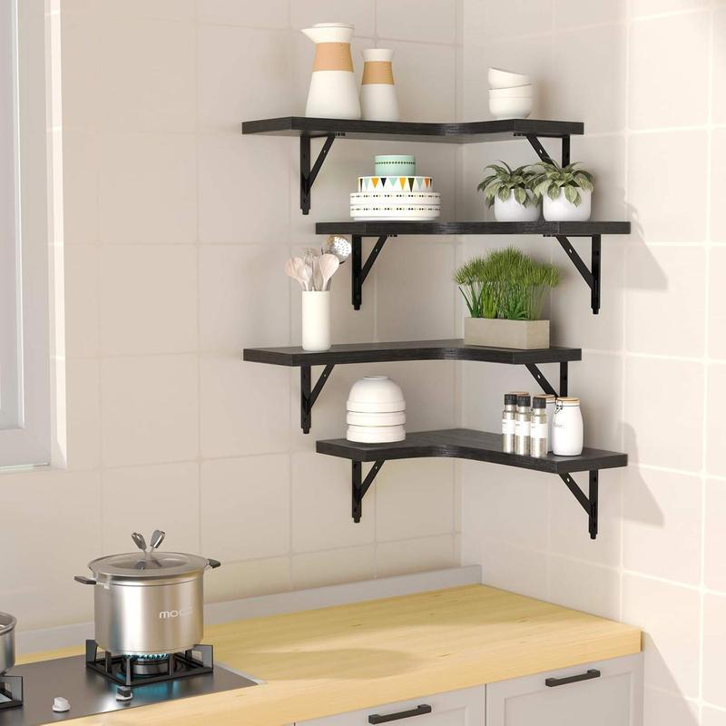 Corner Floating Shelves Wall Mounted Set of 4, Rustic  Storage Display Wall Shelves for  Decor, Bathroom, Kitchen, Bedroom, Living Room, Office (Black)