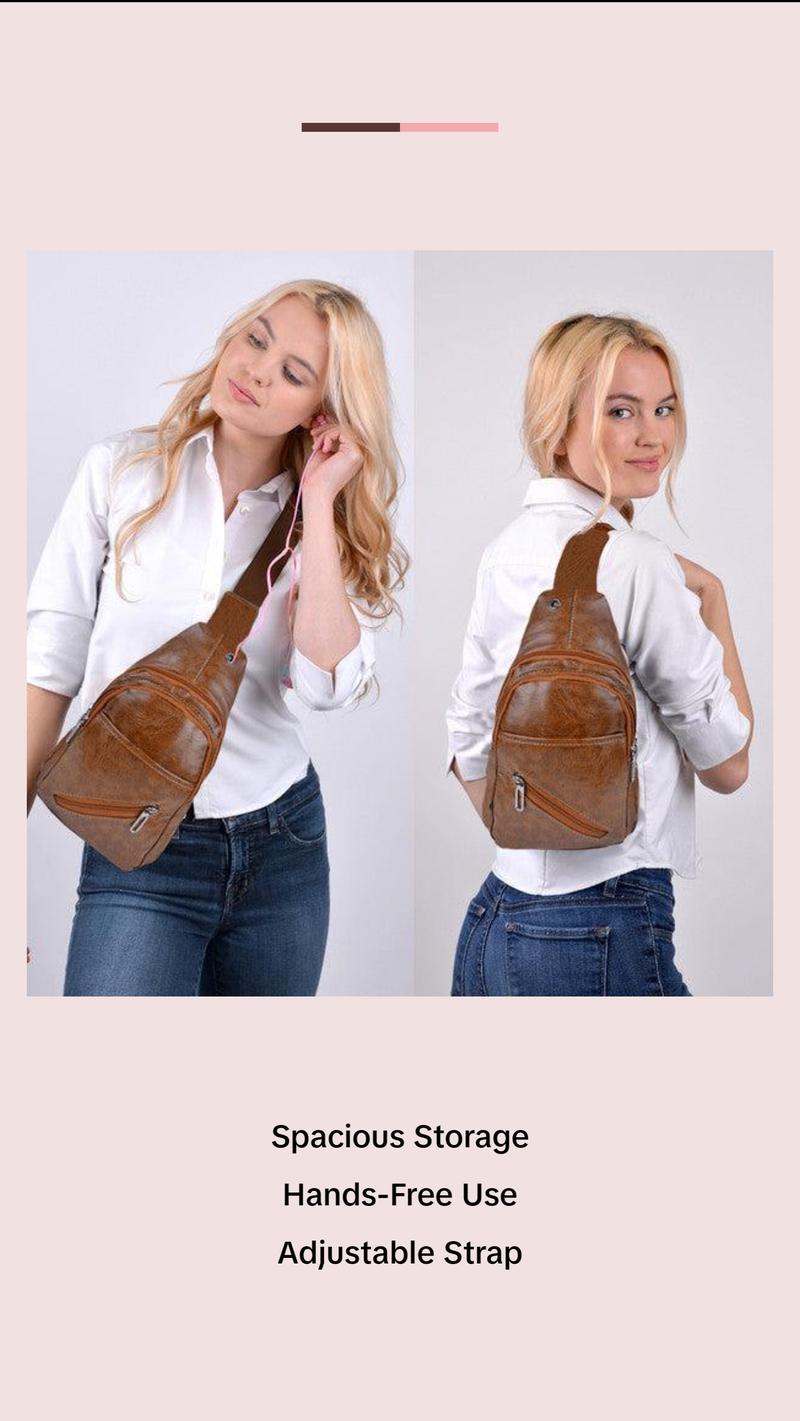 Brown Vegan Leather Crossbody Sling Bag - Multi-Pocket, Hands-Free Earphone Hole