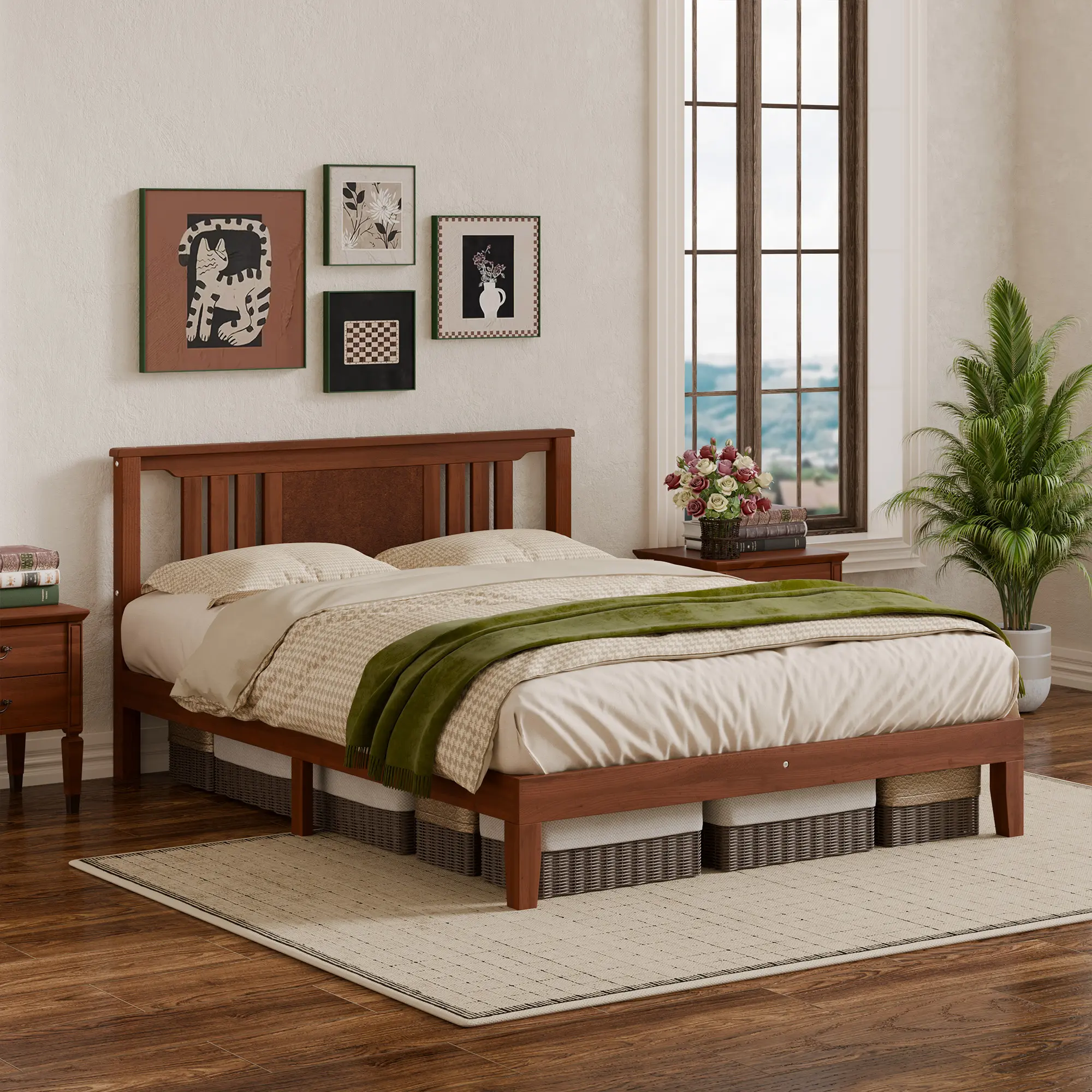 Mid Century Solid Wood Platform Bed with Headboard, Full Size Bed Frame with Wood Slat Support, No Box Spring Needed, Walnut Finish