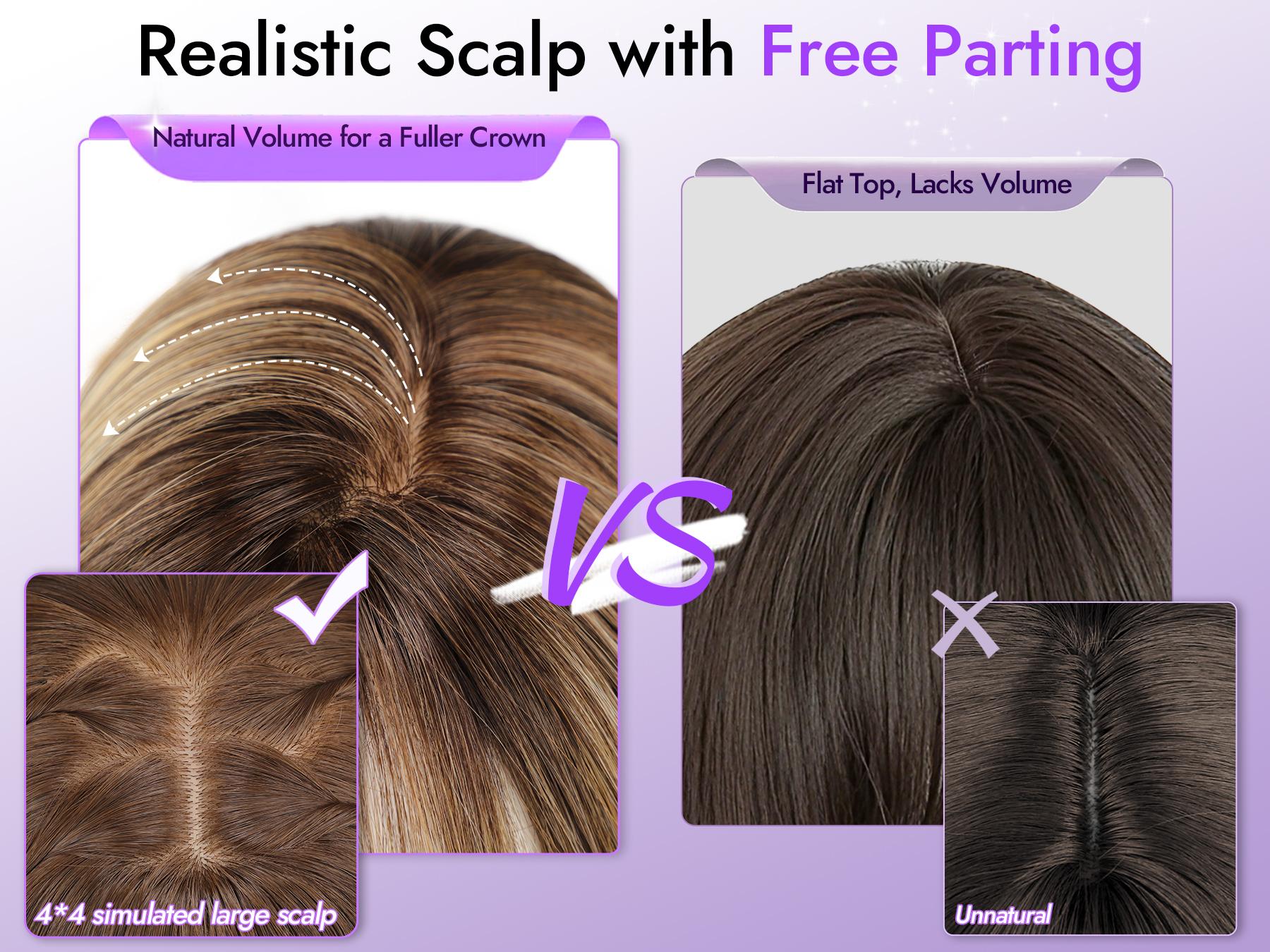 [AISI HAIR] Wig with Bangs for Women Brown Blonde Highlight Straight Face-Framing Layers Hairstyle 4x4 Realistic Scalp Glueless Synthetic Wigs Medium Length for Everyday Use 20 Inch