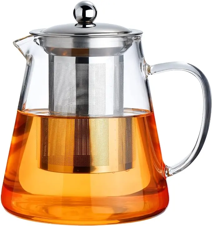 Clear Square Glass Teapot with Removable Stainless Steel Filter and Handle, Tea Cups Set, Stylish Leaf Brewer for Camping, Travel
