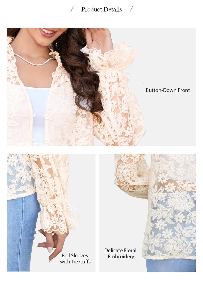 Chicovar Women’s  Floral Lace Sheer Blouse, Long Sleeve Button Front Mesh Top with Drawstring Cuffs, Lightweight Romantic Overlay Shirt,Perfect for Date Night, Party, Casual, or Vacation