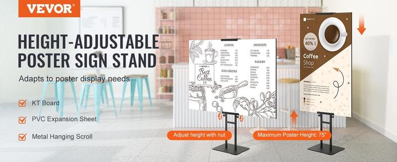 VEVOR Poster Stand, Adjustable Height Up to 75", Double-Sided Heavy Duty Pedestal Sign Holder, Floor Standing Sign Holder Banner Stand with Shock-absorbing Base for Display, for Board and Foam, Black