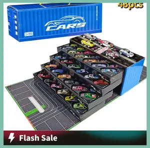 48-Piece Realistic Race Car Set,Collector's EditionGift Box(12.1*4*4.7inch),4-layer interactive toy car,Includes Map & Parking Lot, Perfect Holiday Present gift