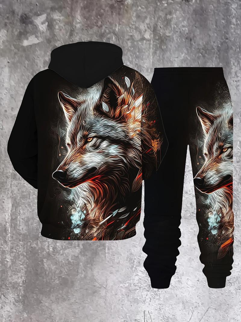 Men's casual 2-piece set, lion ink print hoodie and sweatpants, spring and autumn fashion outfit