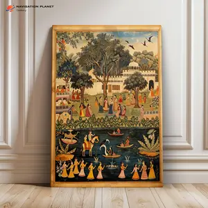 Indian Miniature Style Canvas Wall Art | Palace Garden & Lake Scene Print | Vintage Folk Painting Decor for Living Room