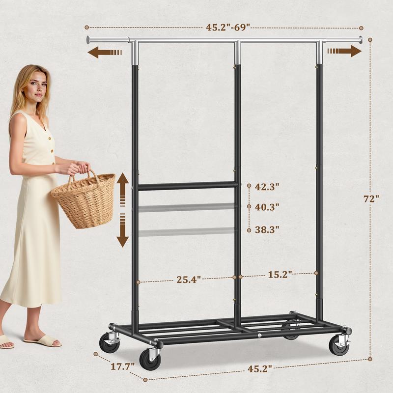 Raybee Gold Heavy Duty Clothes Rack with Wheels, Adjustable & Portable Rolling Clothing Racks for Closet, Bed Room, Laundry Room, Commercial Use