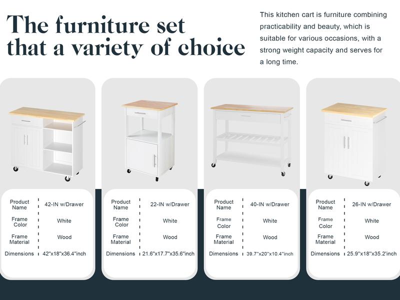 Walsunny 42'' Kitchen Island Cart Storage with Solid Wood Top - Plenty of Storage Space, Adjustable Shelf, Built-In Wheels - Cabinet, Organiser