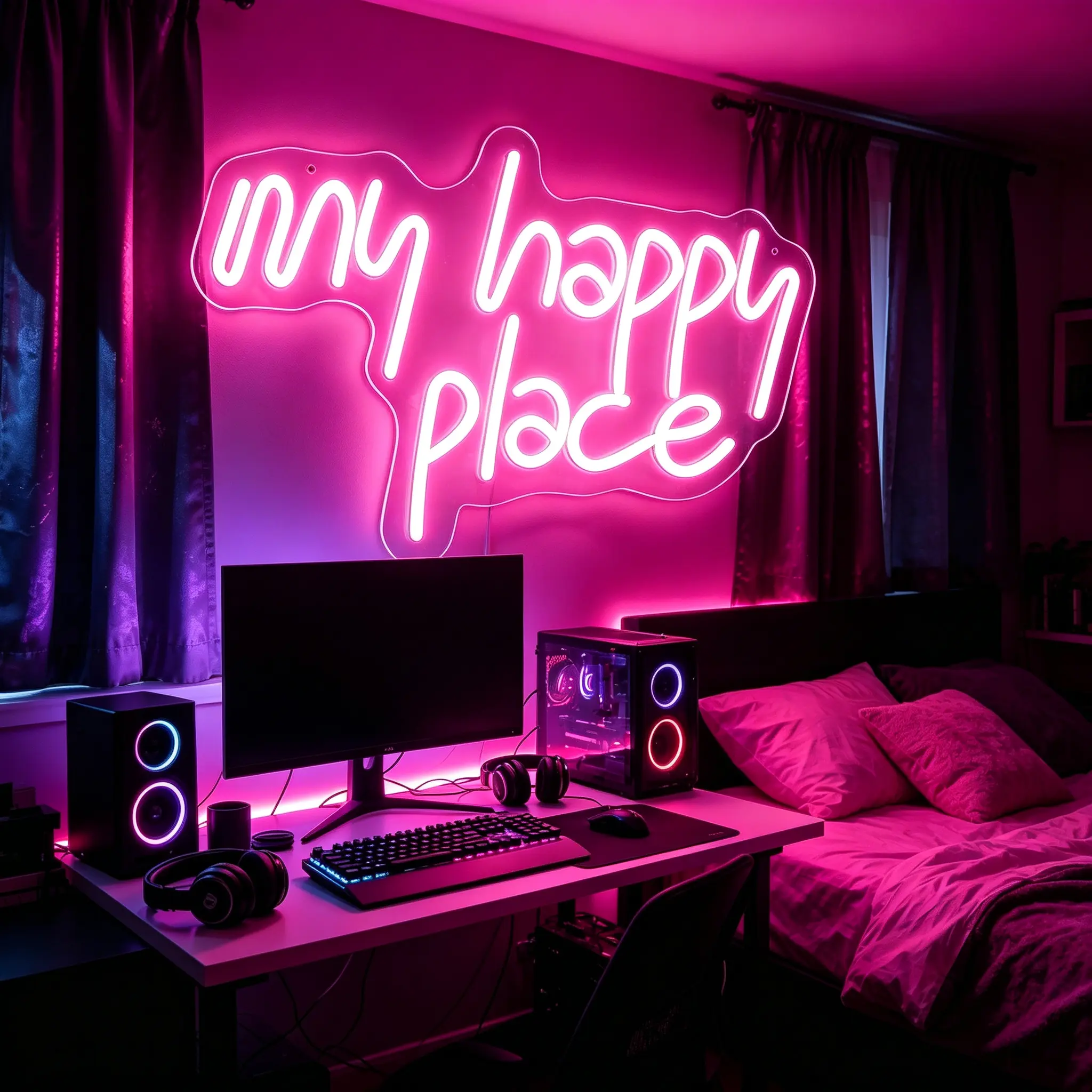 KEYDOORS My Happy Place Pink LED Neon Sign, Dimmable USB Neon Light For Bedroom Gaming Room Wall Decor Aesthetic Room Decor