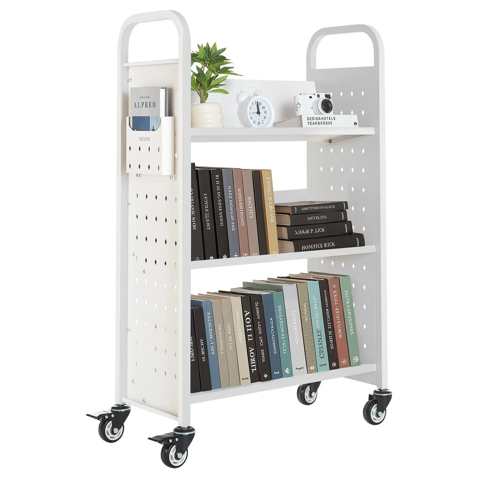 【SummerFinds】VEVOR Rolling Library Book Cart, 330 lbs Capacity, 30.3 x 15 x 48.0-Inch Library Cart, Single Sided V-Shaped Shelves with 3-Inch Lockable Wheels, Book Truck for Home Shelves Office and School, White