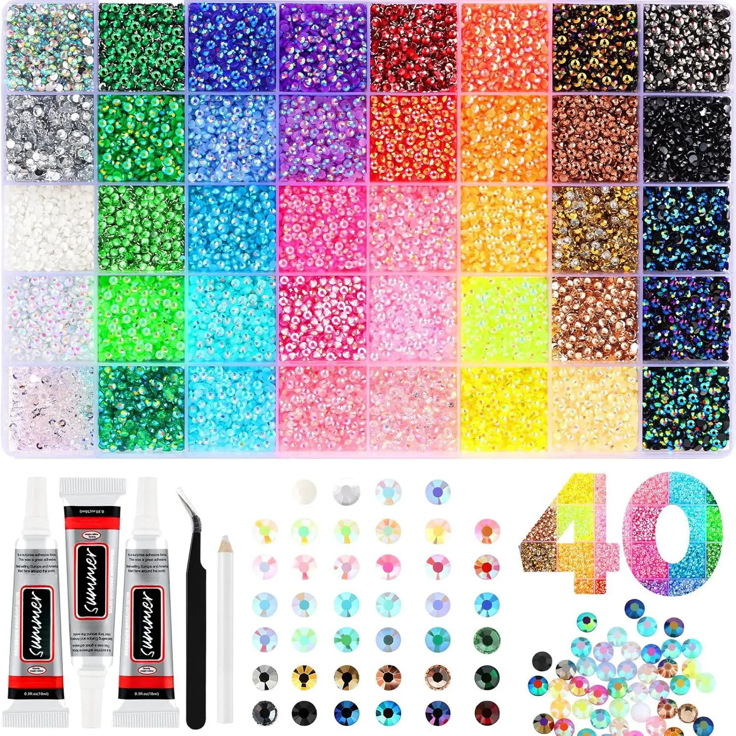 40-Color Set or 24-Color Set Resin Jelly Rhinestones for Bedazzling, 3mm 40000 Pcs Flatback Gems for Crafting, Bedazzling Kit for Clothing Shoes Nail Book Diamond Art