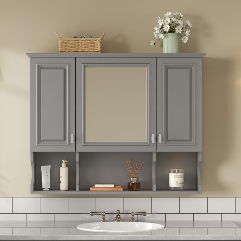 35'' x 28'' Wall Mounted Bathroom Medicine Cabinet, Modern Bathroom Wall Cabinet with Mirror, Mirror Cabinet with Open Shelves 35'' x 28'' Wall Mounted Bathroom Medicine Cabinet, Modern Bathroom Wall Cabinet with Mirror, Mirror Cabinet with Open Shelves