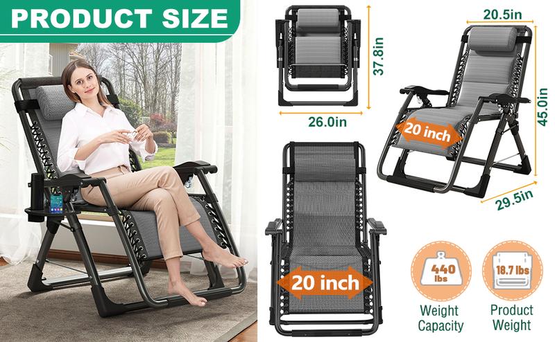 Lilypelle Ice Silk Zero Gravity Chair, Folding Portable Padded Reclining Lounge Chair with Headrest, Side Table, Supports up to 440lbs