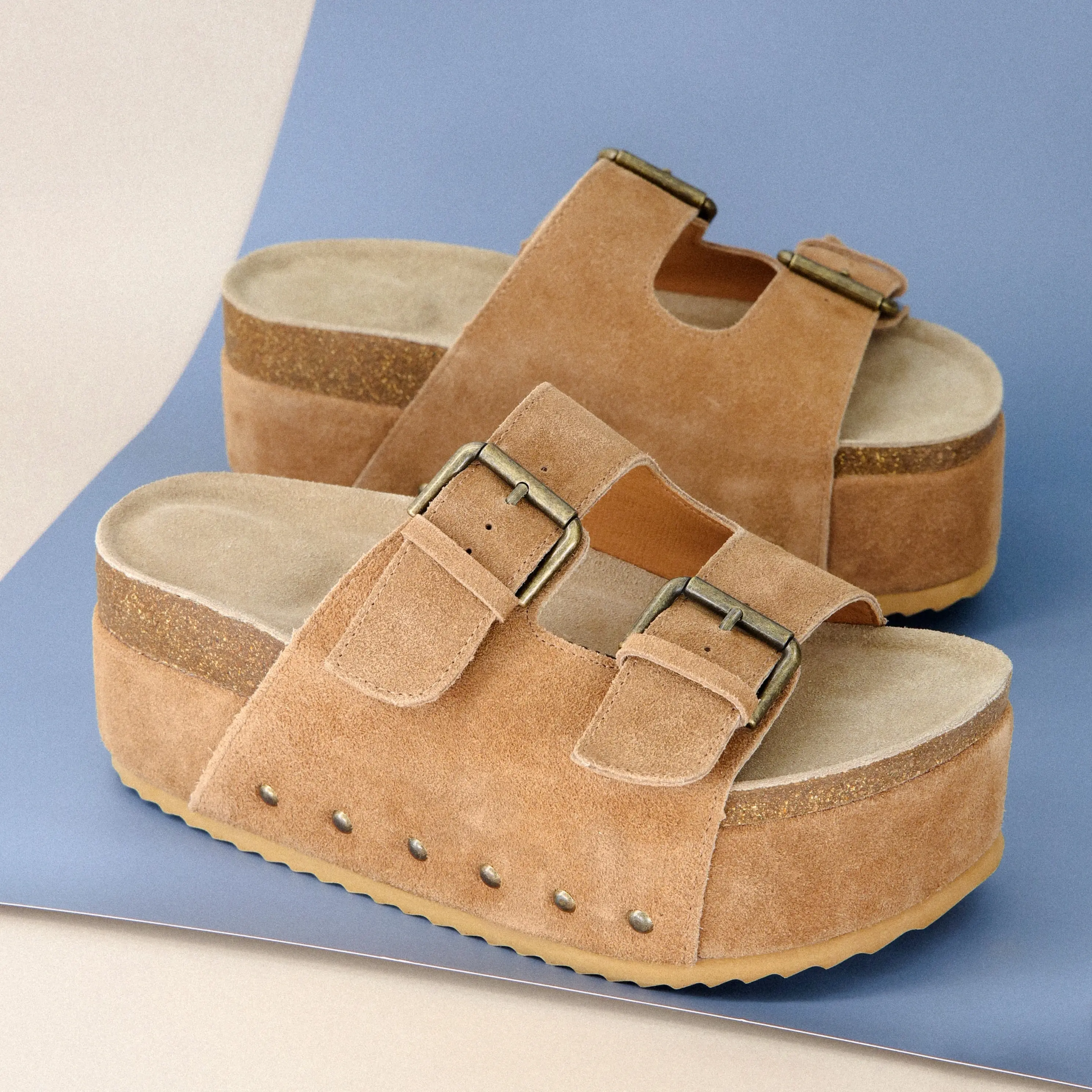 Cushionaire Guru Suede Platform Sandal for Women - Genuine Leather Studded Slide Sandals with Cushioned Footbed, Chunky Flatform Sole, Casual Fashion Summer Sandals for Women