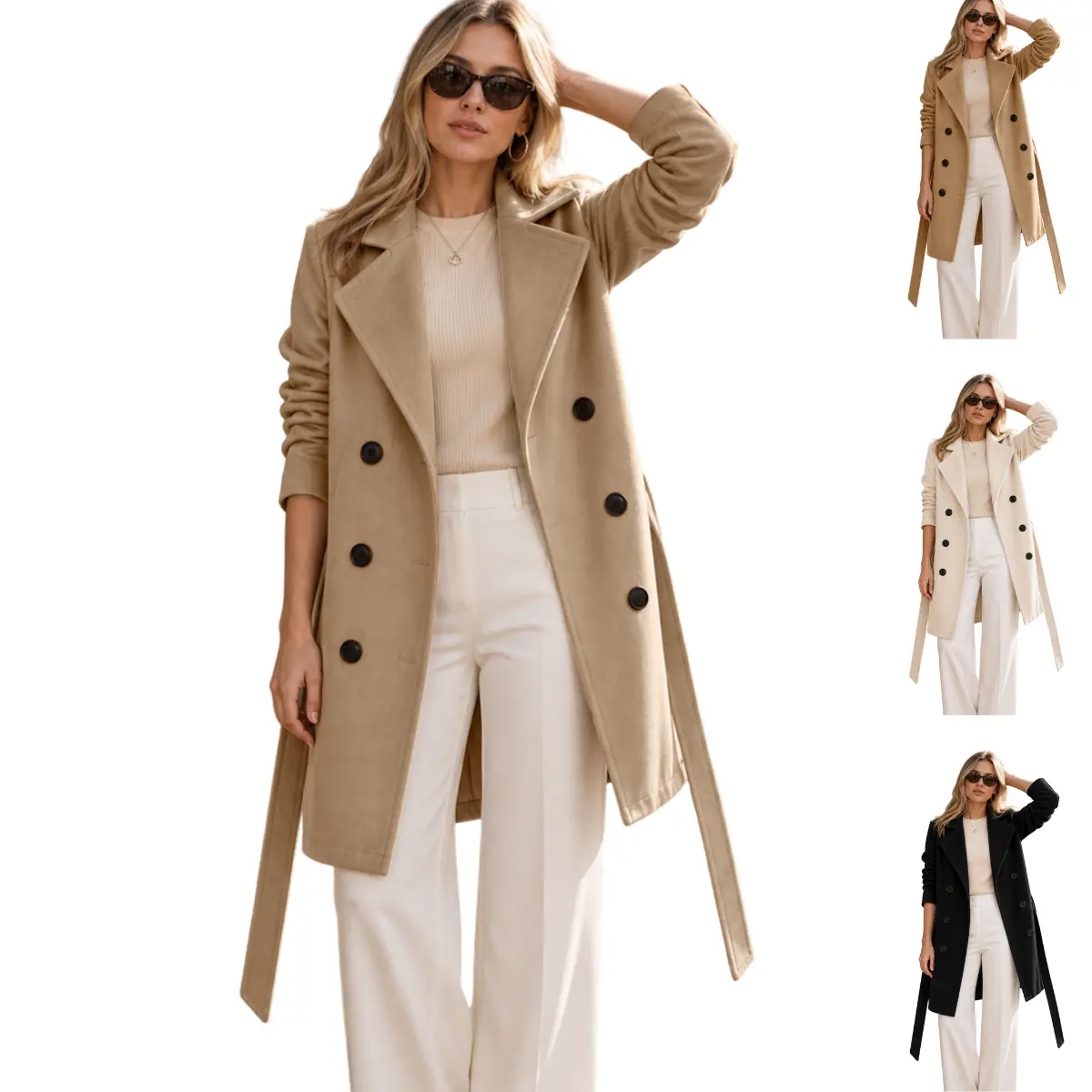 SCUSTY Women's Fall Winter Wool Blend Peacoat Double Breasted Mid Length Wool Trench Coat