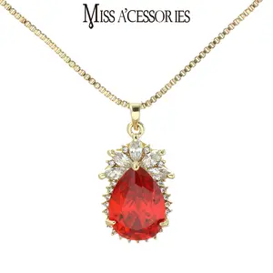 Red Teardrop Crystal Pendant Necklace | Viral Ruby Red Gem Drop Necklace | Sparkly CZ Halo Statement JewelryTrendy ，Red Crystal Teardrop Choker | Y2K Party Wear for Women