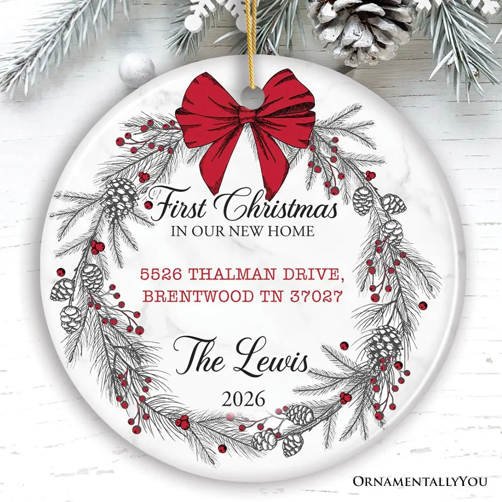 New Home Personalized Christmas Ornament, Family Gift With Custom Address and Last Name