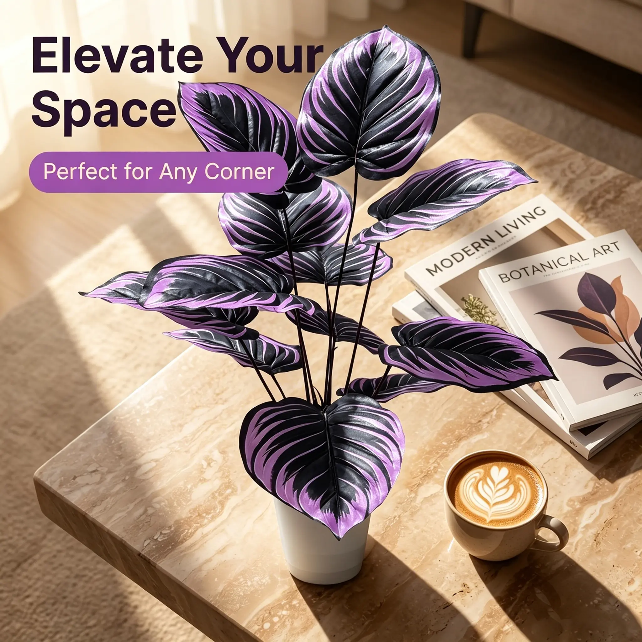 Artificial Purple Hosta Plant 12 Heads 21.65in - Lifelike Vibrant Fake Foliage | No Maintenance Decorative Leaves for Home Office Indoor Outdoor Decor