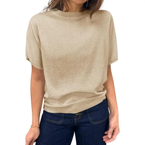 Imily Bela Womens Short Sleeve Sweater Casual Basic Crew Neck Loose Knit Pullover Tops Summer Lightweight Blouses