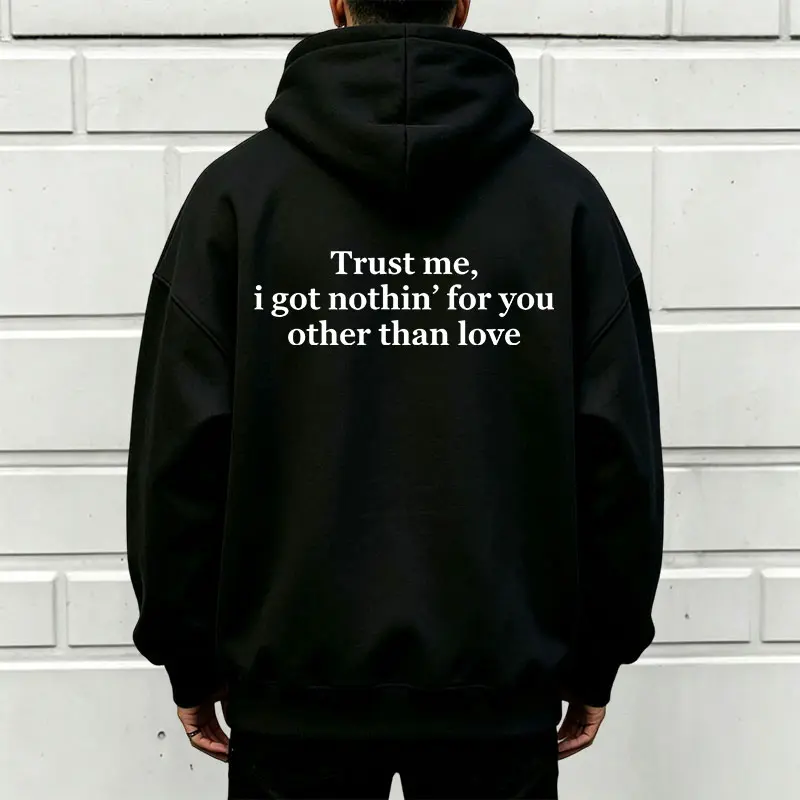 Men's Stylish Loose Long-Sleeve Minimalist Pullover Hoodie - Menswear with Back English Letter Print, Poly-Cotton Sweatshirt