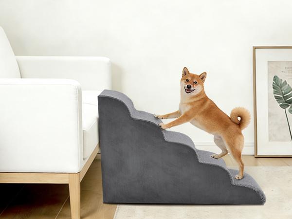 Dog Stairs Ramp for Small Dogs and Cats 5-Step Curved Pet Steps with High-Density Foam for Puppy and Older Cats Indoor Ramp Stairs for Couch High Beds Sofa Chairs Grey