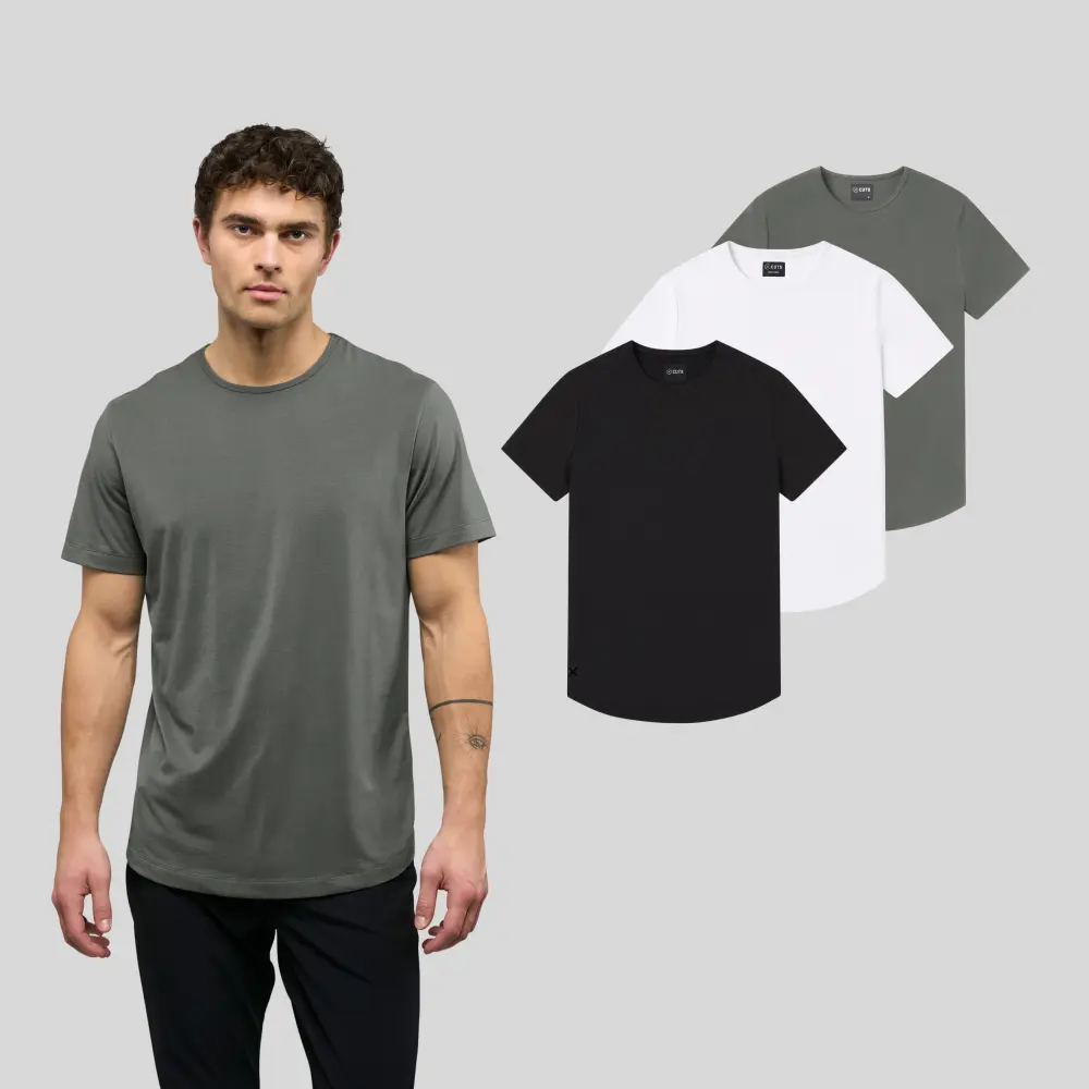 Cuts | 3-Pack | Men's AO Curve-Hem Fitted Crew Neck T-Shirt | Anti-Odor Polyester Cotton Blend with Curve Hem | Wrinkle Resistant Stretch