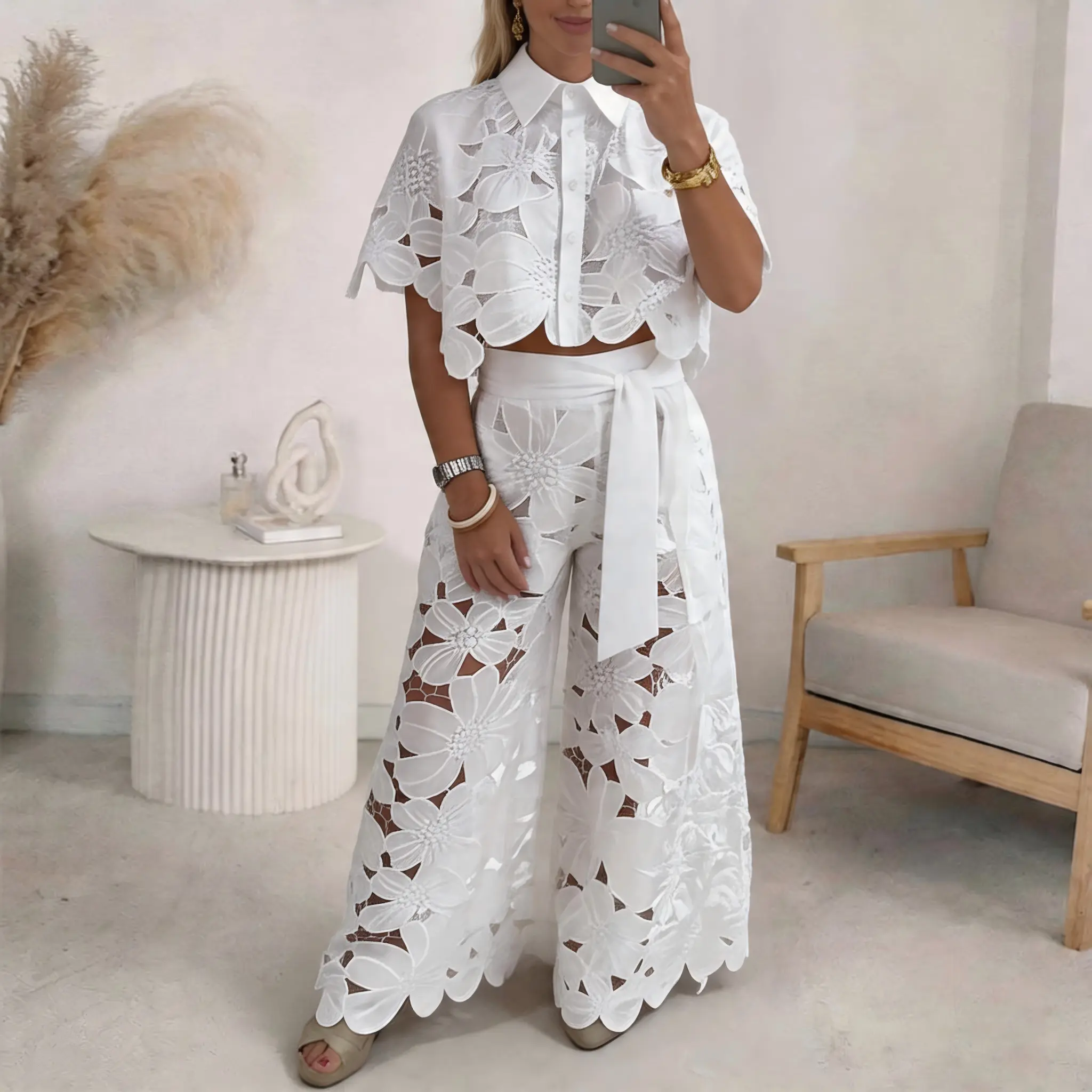 Women's 2026 Retro Lace Outfit Set Short Sleeved Blouse Tops & Tie-up Pants Two-Piece Embroidery Hollow Temperament Suit for Casual & Special Occasions Chic Womenswear Clothes Trouser