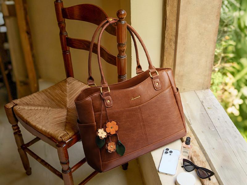 LOVEVOOK Women's Leather Laptop Bag with Large Cup Holder, Vintage Work Tote for Office & Travel, Thickened Compartment for Computer Protection, Elegant Design for All Occasions,TikTokShopStockUp